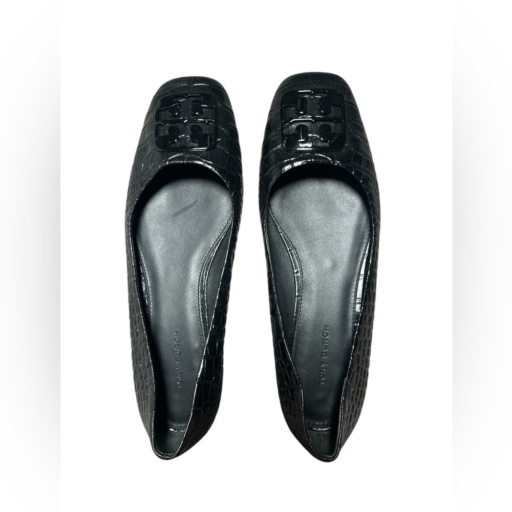 Tory Burch Black Croc-Embossed Patent Leather Flats